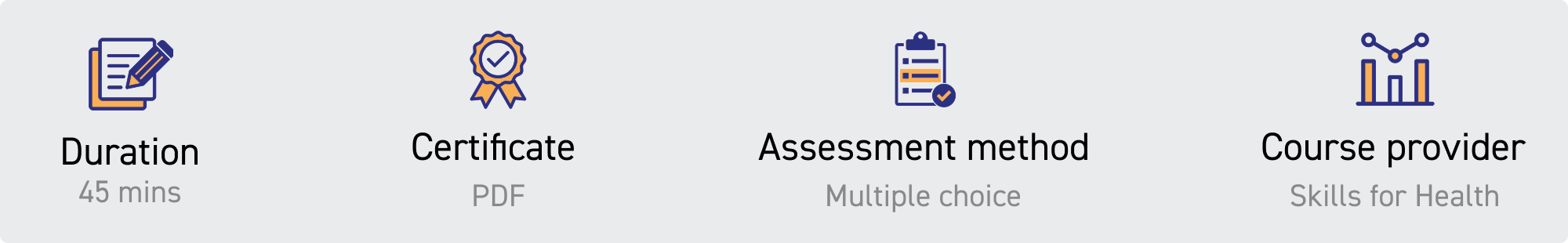 duration 45 mins, certificate pdf, assessment method multiple choice, course provider skills for health